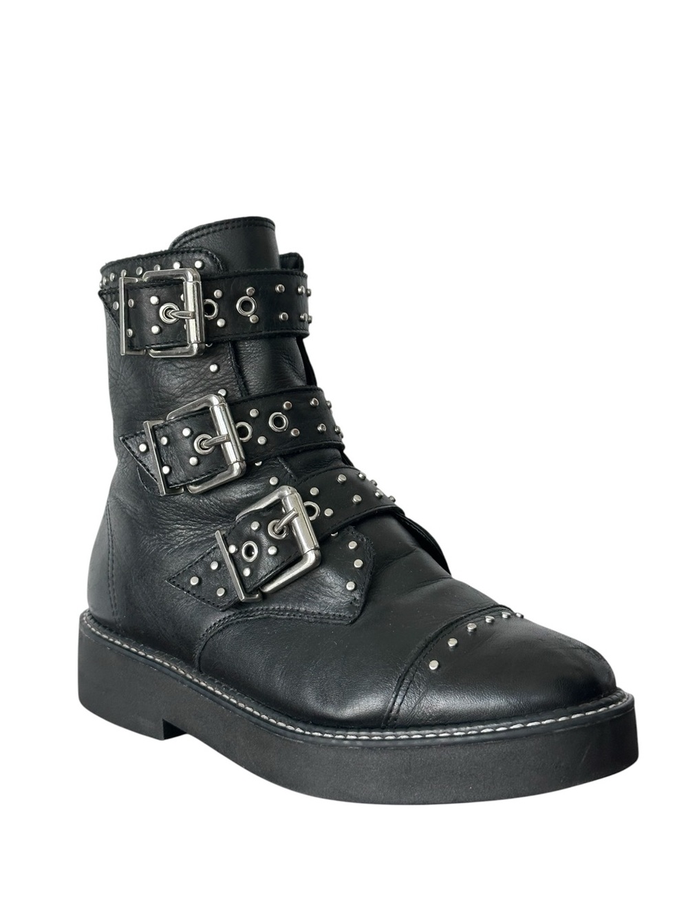 SCHUTZ Women’s Caligas Studded Black Leather Multi-Buckle Combat Moto Boot SZ 6